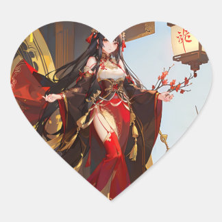 Autocollant fille manga avec robe soiree rouge