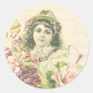 Autocollant fille vintage avec de belles fleurs