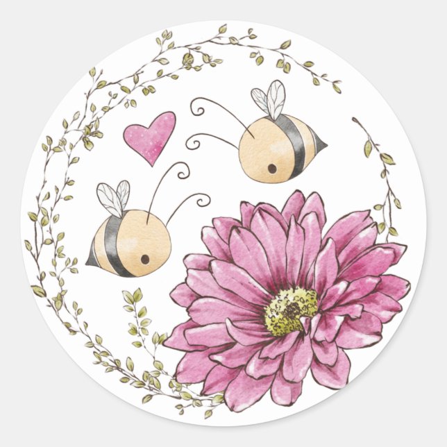 Autocollant Fleur Cœur Abeilles Mignonnes (Devant)