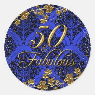 Autocollant Fleuris Or Bleu 50 & Anniversaire Fabu