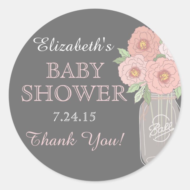 Autocollant Fleurs Pot Mason Gris Rose Baby Shower (Devant)