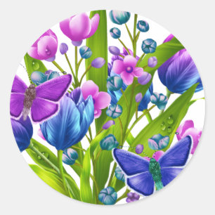 Autocollant floral bleu et violet avec papillons