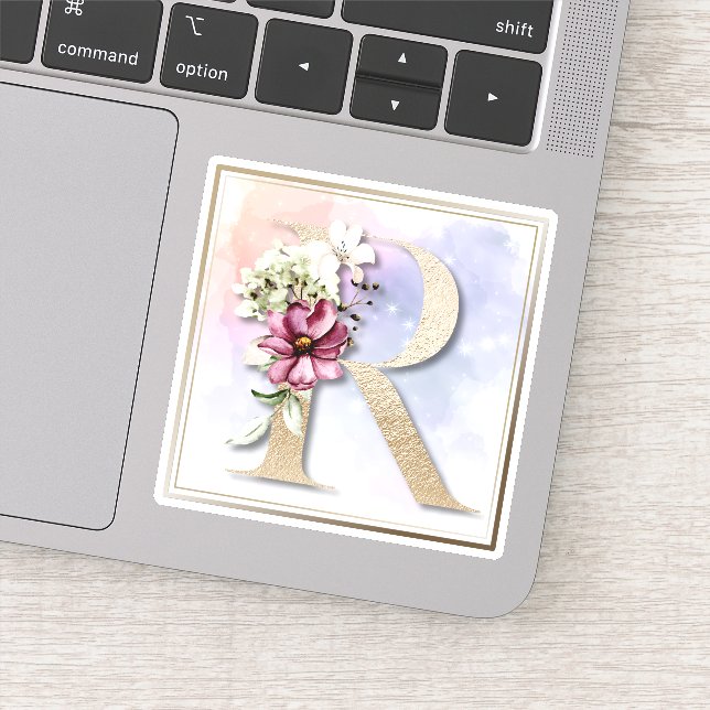 Autocollant floral bordeaux monogramme R (Détail)