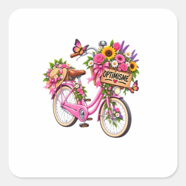 Autocollant Floral « Optimisme » – Vélo Rose Fleur (Devant)