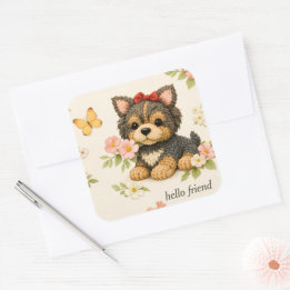 Autocollant floral papillon chiot brun mignon 