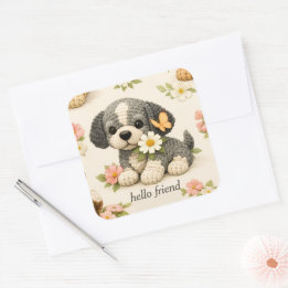 Autocollant floral papillon chiot gris mignon 