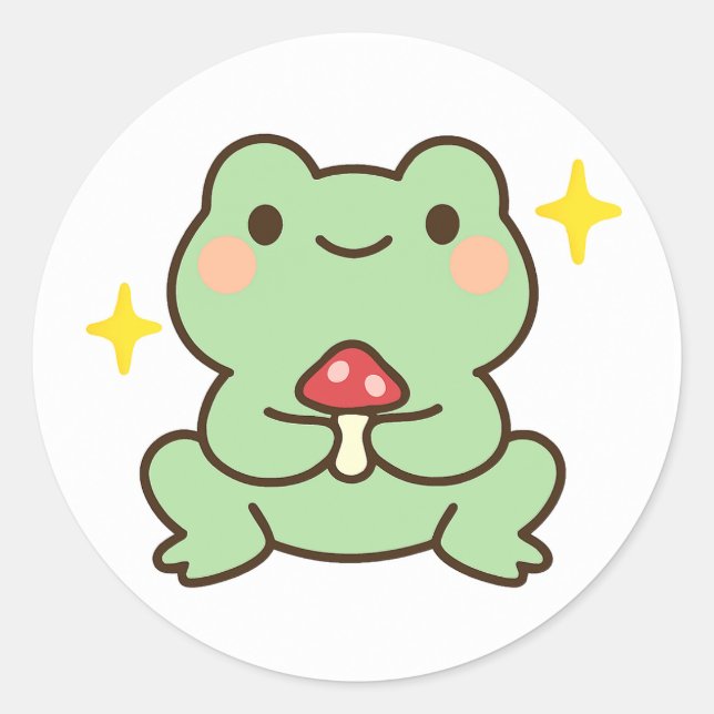 Autocollant Grenouille Mignonne Tenant un Champign (Devant)