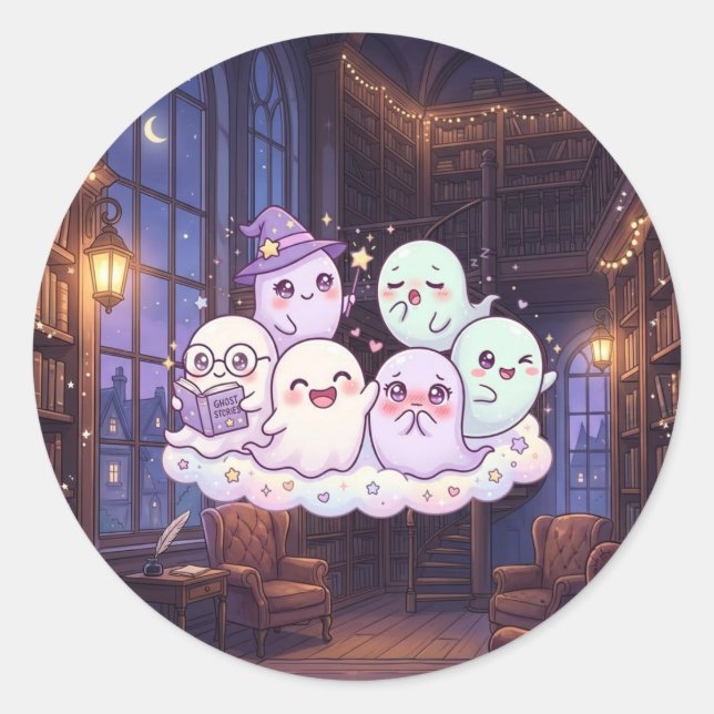 Autocollant Halloween Bibliothèque Fantôme Mignon (Devant)