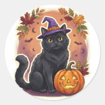 Autocollant Halloween Chapeau de Sorcière Chat Noi