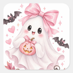 Autocollant Halloween Fantôme à Nœud Rose Mignon