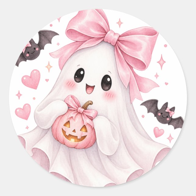 Autocollant Halloween Fantôme à Nœud Rose Mignon (Devant)