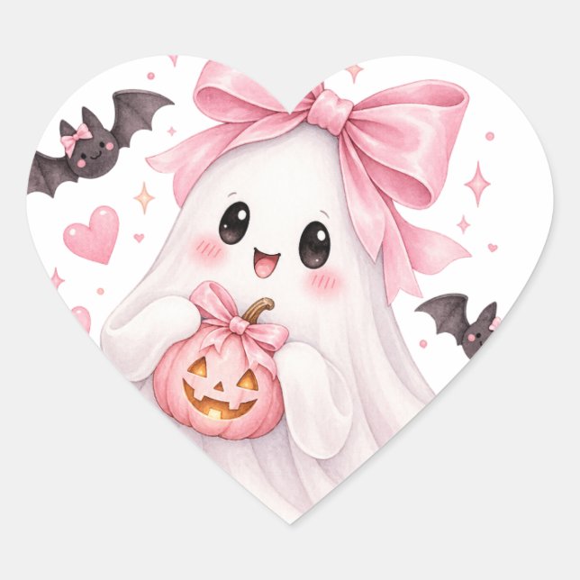 Autocollant Halloween Fantôme à Nœud Rose Mignon (Devant)