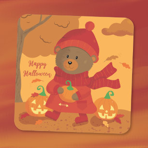 Autocollant Halloween Ours Brun avec Citrouille