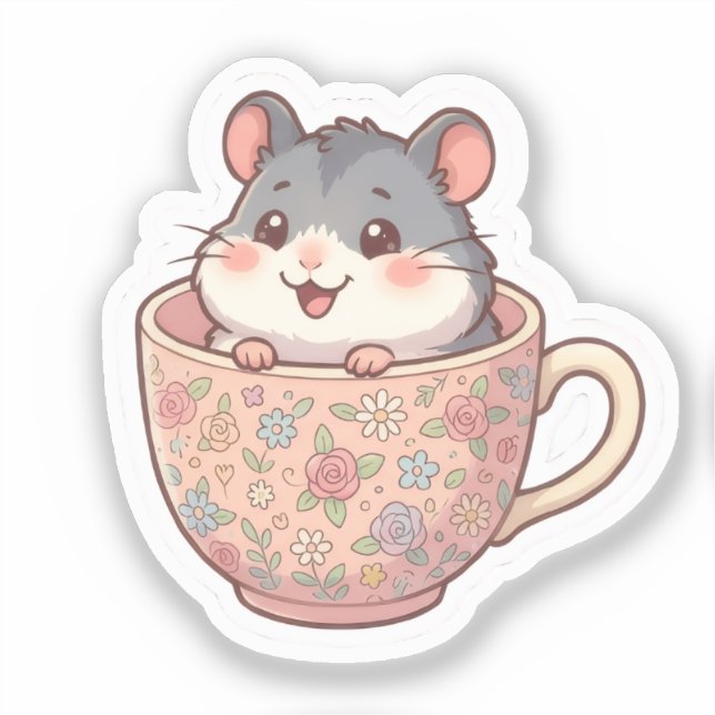 Autocollant Hamster dans une Tasse à Thé Florale (Recto)