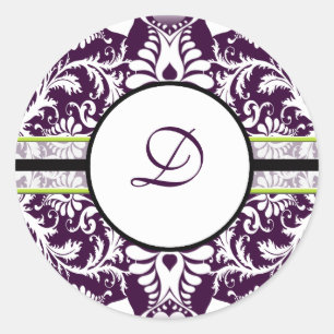 Autocollant initial D en damas violet pour mariage