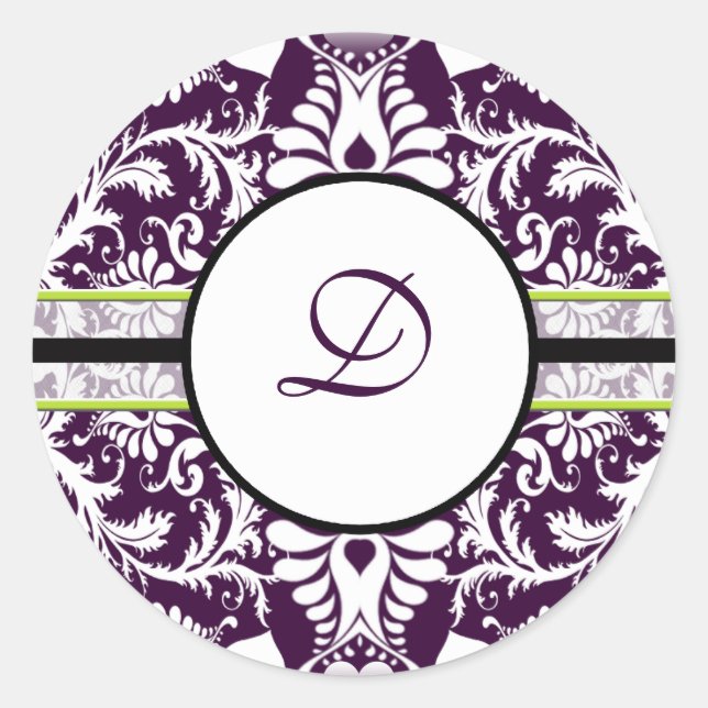 Autocollant initial D en damas violet pour mariage (Devant)