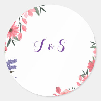 Autocollant Initial de Mariage Floral Lavande & Bl