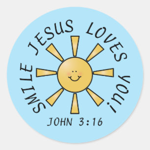 Autocollant jaune bleu Sourire Jésus t'aime