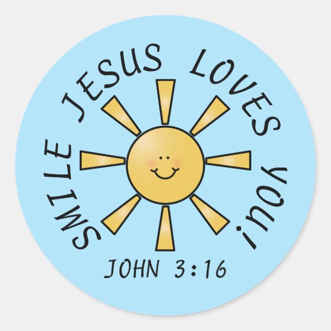 Autocollant jaune bleu Sourire Jésus t'aime (Devant)