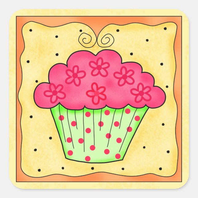 Autocollant jaune cupcake vert et rouge (Devant)