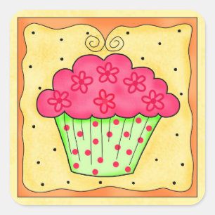 Autocollant jaune cupcake vert et rouge