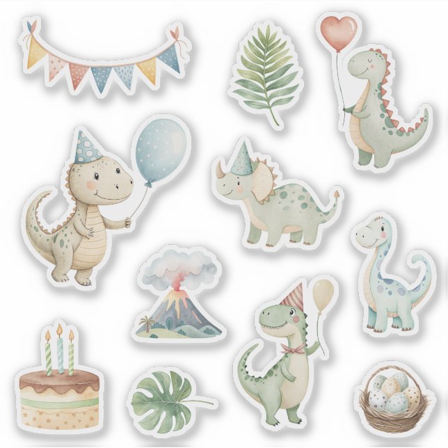 Autocollant Joyeux Anniversaire Dinosaures Peints  (Devant)