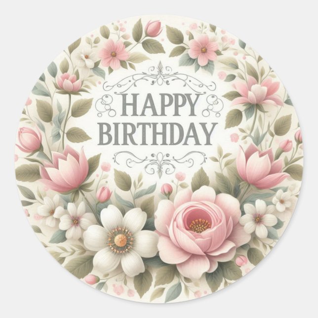 Autocollant Joyeux Anniversaire Fleurs Vintage (Devant)