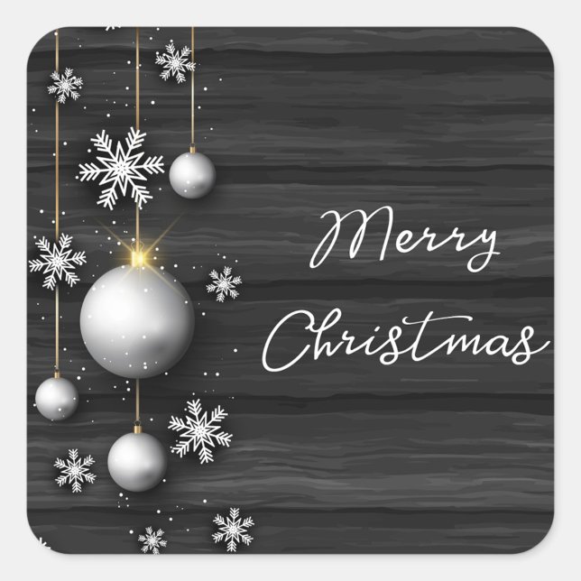 Autocollant Joyeux Noël (A square Christmas sticker features a dark gray wood-grain background with horizontal lines.)