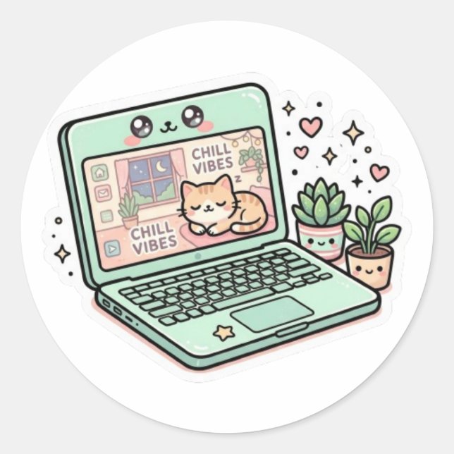 Autocollant Kawaii Détente Ordinateur Portable Cha (Devant)