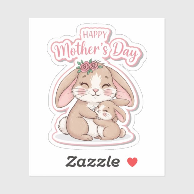 Autocollant Lapin Mère Bébé Rose Couronne Fête des (Feuille)