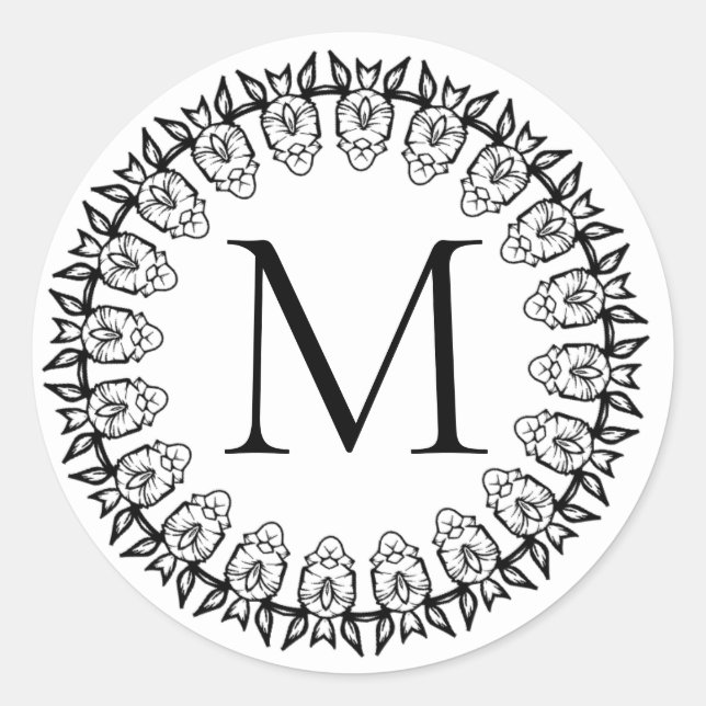 Autocollant Mandala Monogramme Initial Noir Blanc (Devant)