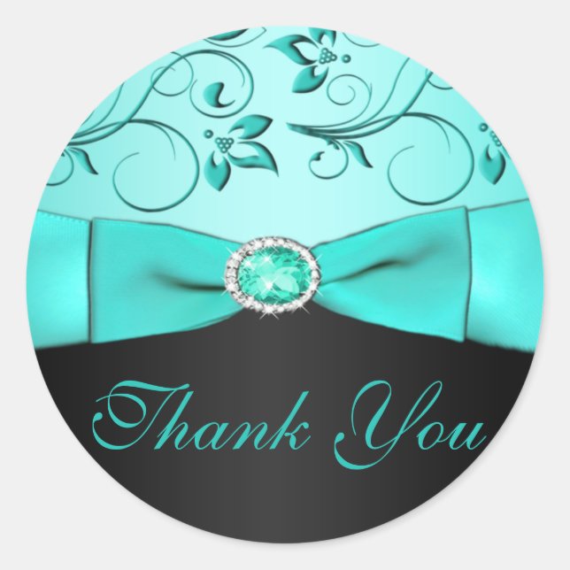 Autocollant Mariage Aqua et Black Floral Merci (Devant)