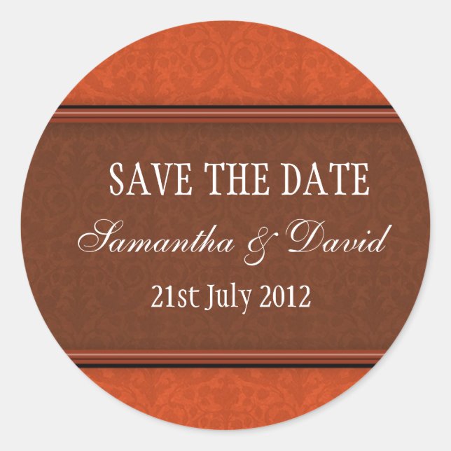 Autocollant Mariage de monogramme de Damas rouille (Devant)