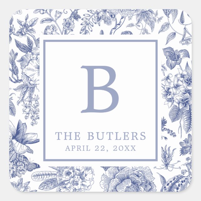 Autocollant Mariage initial Floral bleu (Devant)