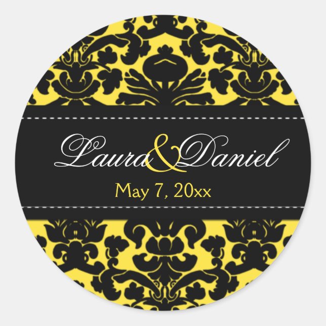Autocollant Mariage Jaune et Noir Damask 1,5 po (Devant)