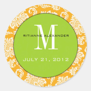 Autocollant Mariage Orange Damask Green Monogram
