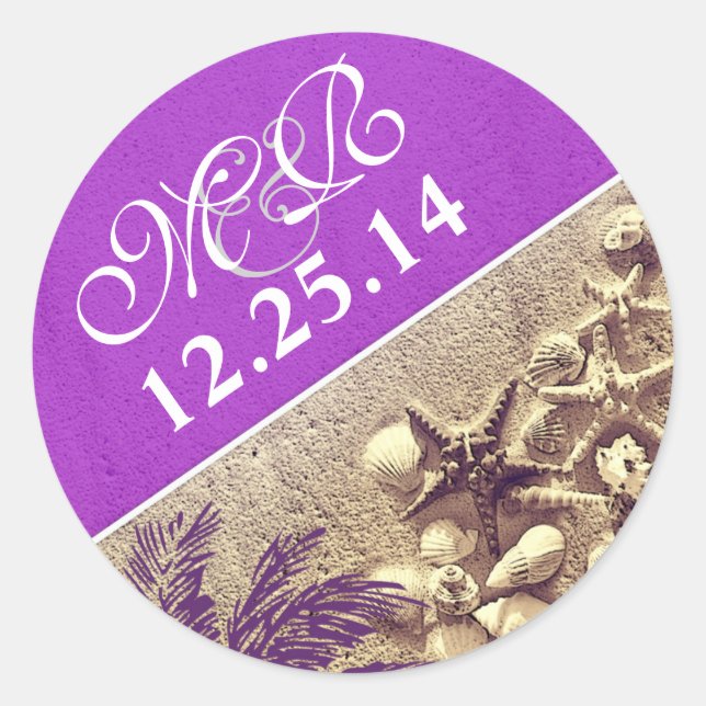 autocollant mariage violet avec monogramme coquill (Devant)