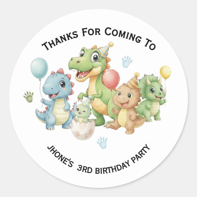 Autocollant Merci Anniversaire Dinosaure Trois-Rex (Devant)