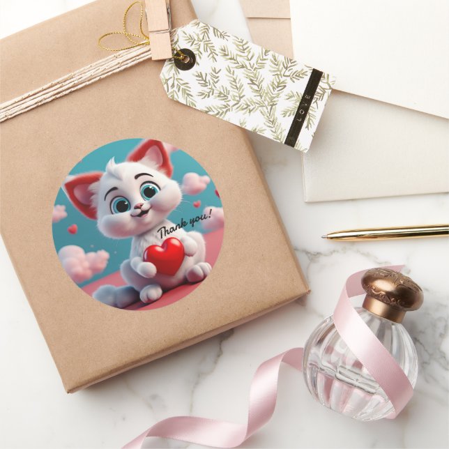 Autocollant Merci avec un adorable chaton et un cœ (Cadeaux)