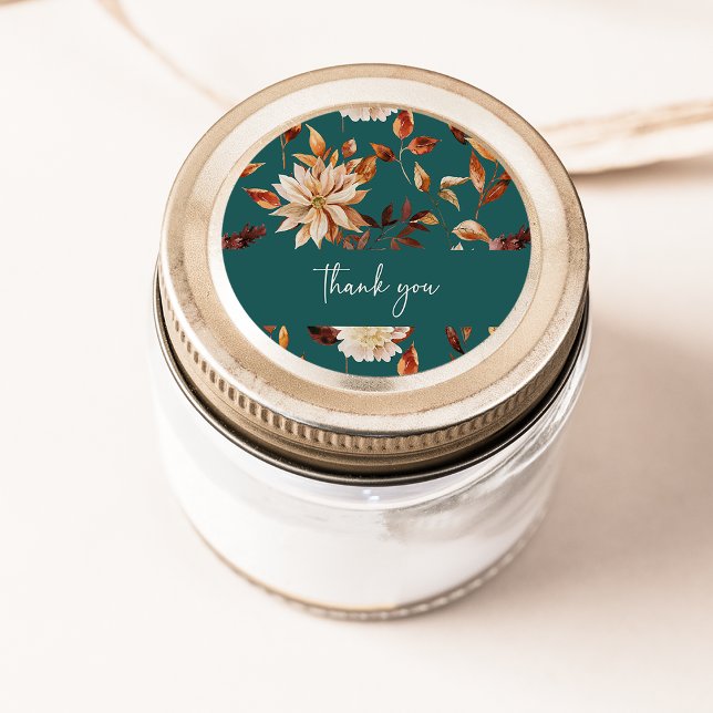 Autocollant Merci Feuilles de Teal d'Automne (Teal Fall Leaves Round Thank You Sticker by Painted Paperie
)
