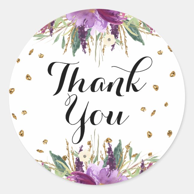 Autocollant Merci Fleurs Paillettes Violet Or (Devant)