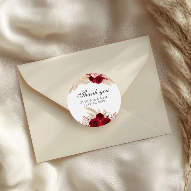 Autocollant Merci Roses de Bourgogne et Herbe de P (Burgundy Roses and Pampas Grass Thank You Sticker on an elegant wedding envelope)