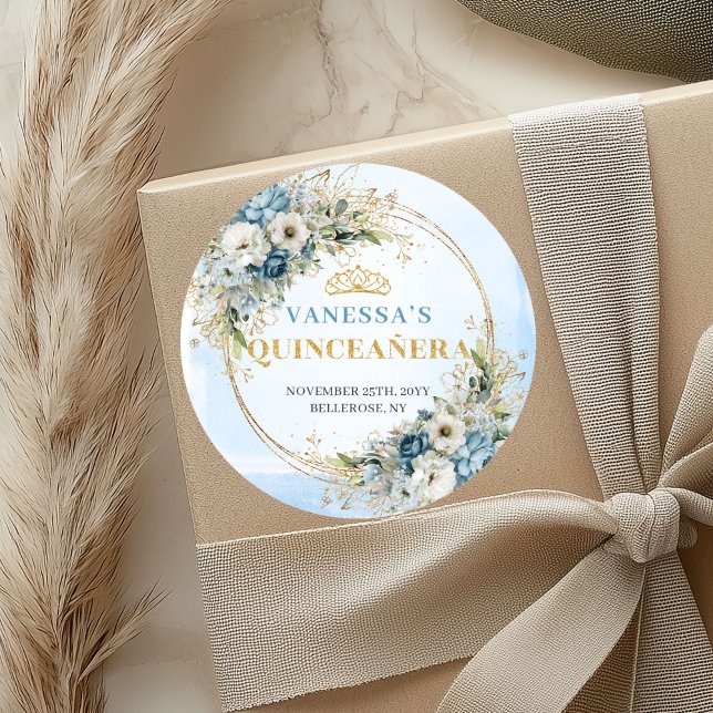 Autocollant Moderne Quinceañera Bleu Or Feuillage (Modern Quinceañera Sticker Blue Gold Greenery)