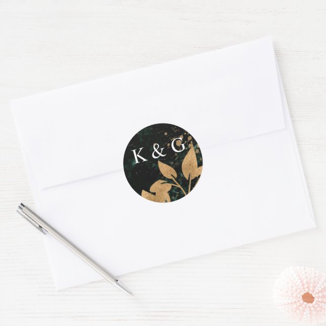 Autocollant Monogramme Aquarelle Or Et Vert (Enveloppe)
