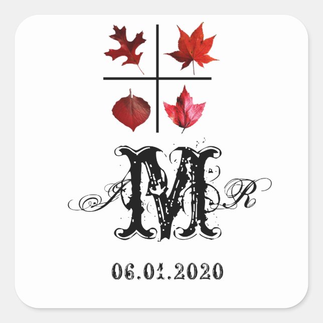 Autocollant Monogramme Conception Feuille Automne  (Devant)