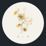 Autocollant monogramme de tournesol d'aquarelle<br><div class="desc">Il s'agit d'un élégant modèle autocollant de tournesol avec de beaux tournesols aquarelle et des teintes de sauge crème. Tous les textes et polices sont modifiables sur ce design de tournesol rustique. Les seules couleurs qui ne sont pas modifiables sont les couleurs de l'aquarelle design floral // Pour les designs...</div>