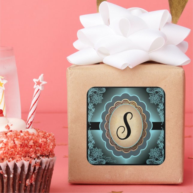 Autocollant Monogramme en dentelle Turquoise antiq (Fête)