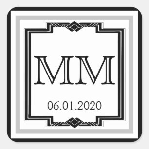 Autocollant Monogramme noir blanc Argent Art Déco
