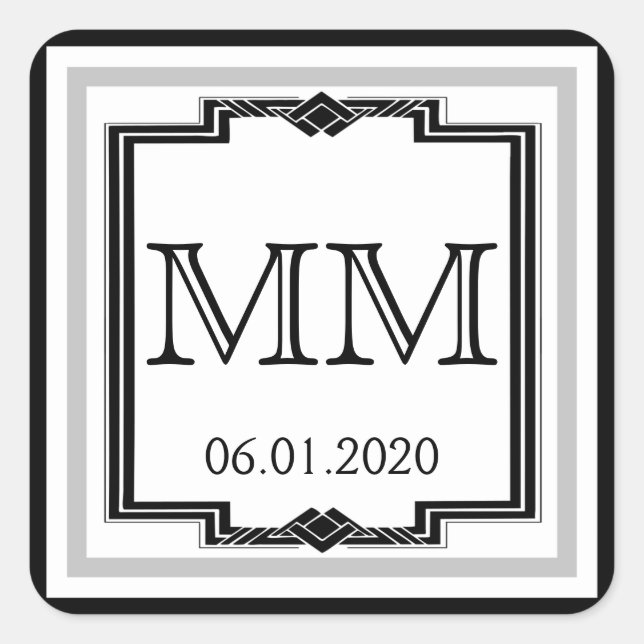 Autocollant Monogramme noir blanc Argent Art Déco (Devant)