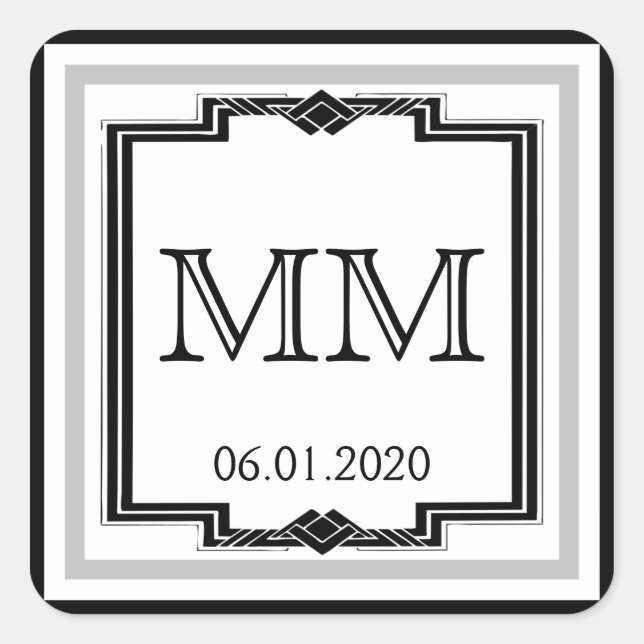 Autocollant Monogramme noir blanc Argent Art Déco (Devant)